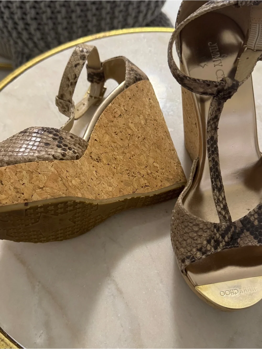 Jimmy Choo Taupe Snake-Print Cork Wedge Sandals